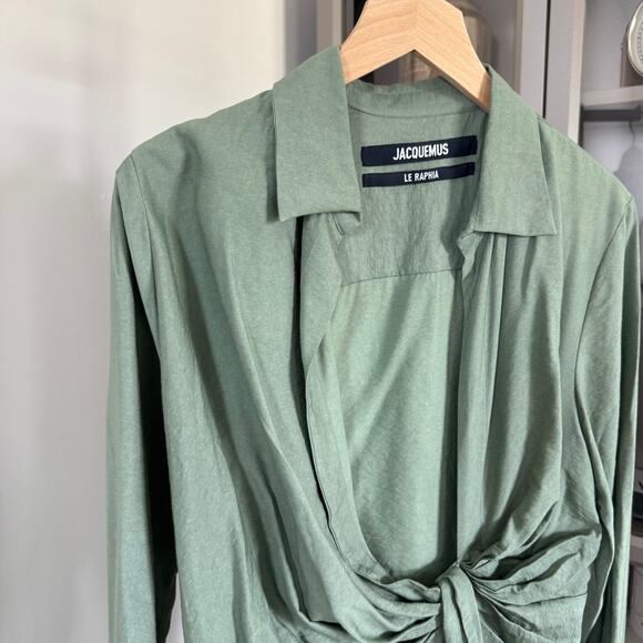 Jacquemus Le Raphia Shirt Dress Draped La Robe Bahia Sage Green Mini Dress 34 2 - Picture 4 of 7